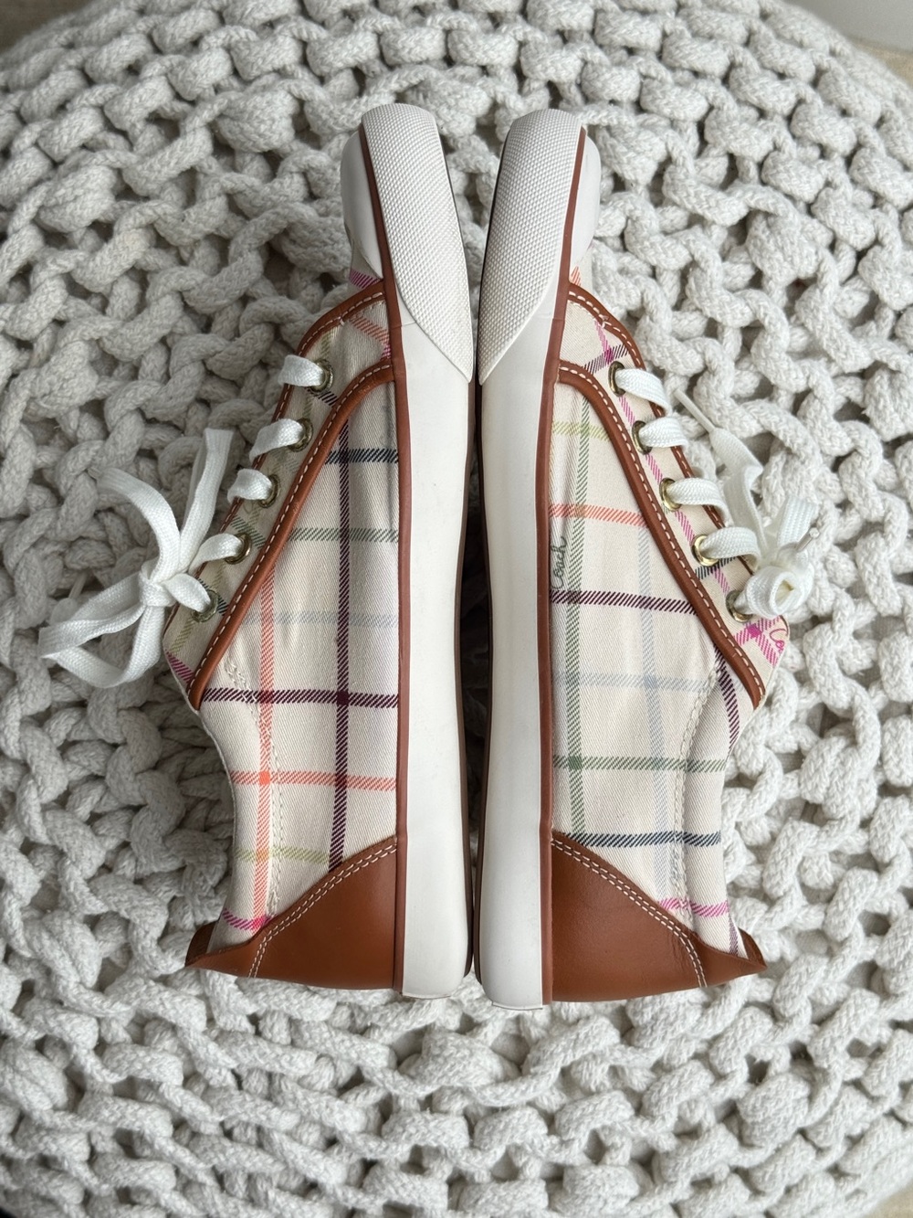 Coach Barrett Plaid Canvas Sneakers Women’s Size 10M Brown Trim Lace Up Shoes - Picture 7 of 13
